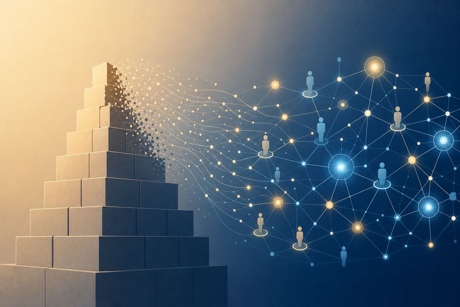 A stacked-block pyramid dissolving into a network of connected human and glowing AI nodes — hierarchy giving way to an intelligence mesh.