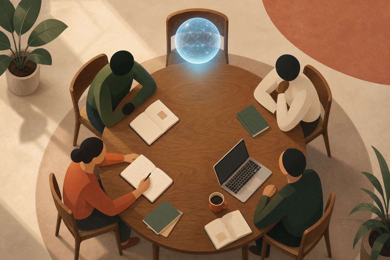 Top-down view of a meeting table with four people and a glowing AI orb hovering above an empty chair, taking a seat at the table.